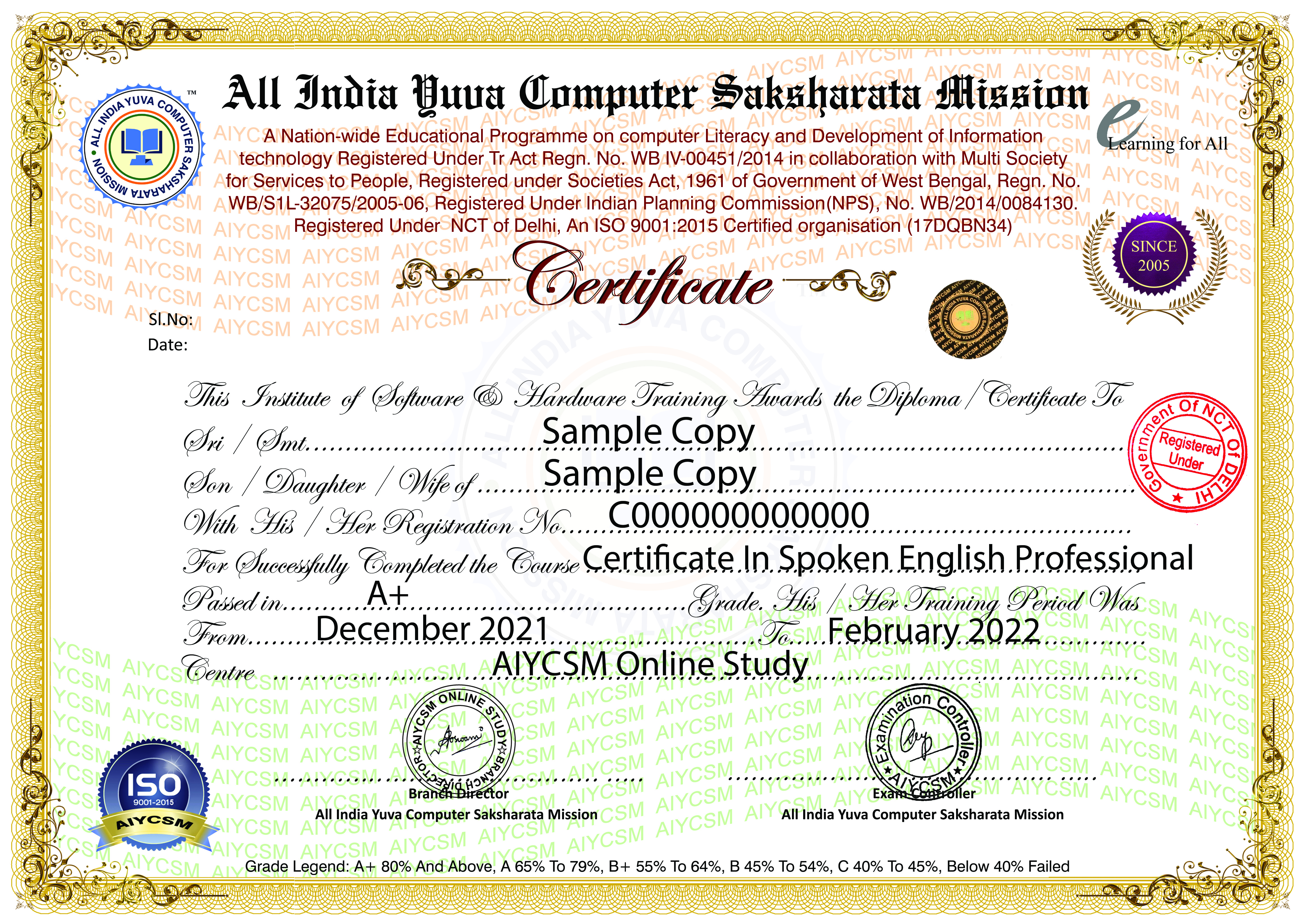 Certificate In Spoken English Professional sample certificate
