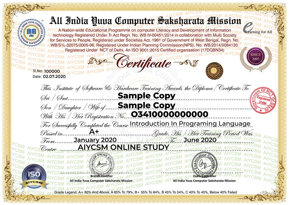 Introduction In Programming Language sample certificate
