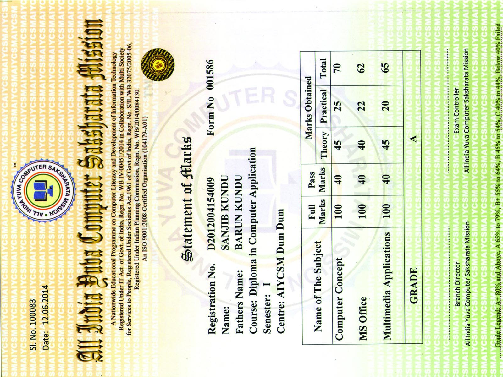 Certificate and result